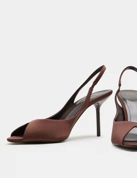 Marks & Spencer Satin Stiletto Heel Peep Toe Slingback Shoes Brown