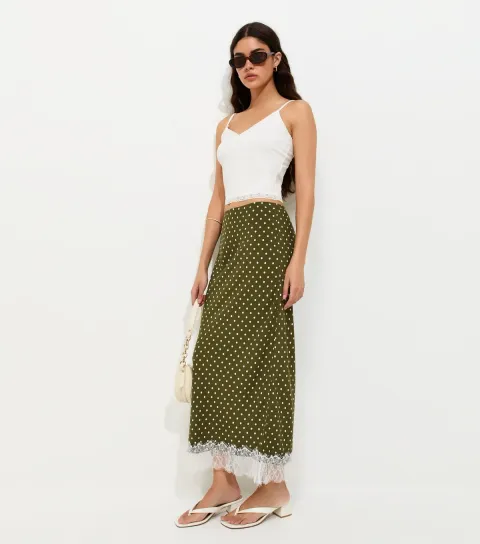 Women's Green Polka Dot Lace Hem Midi Skirt