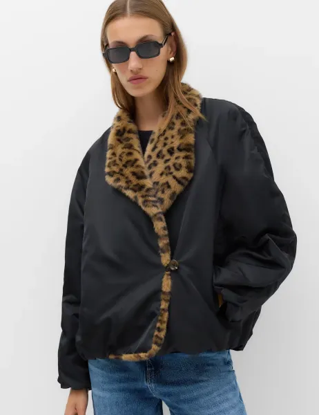 Marks & Spencer Satin Padded Faux Fur Lined Bomber Jacket Black Mix