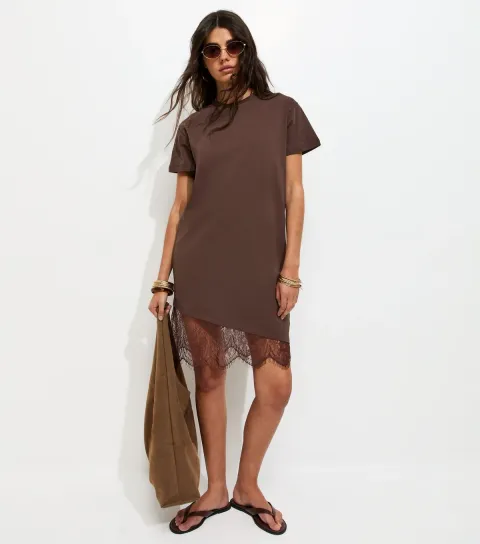 Women's Dark Brown Cotton Asymmetric Lace Hem Mini Dress