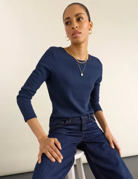 BAUKJEN Pure Cotton Jersey Pointelle Fitted Top Blue
