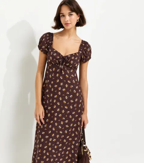 Women's Brown Ditsy Floral Short Sleeve Milkmaid Midi Dress