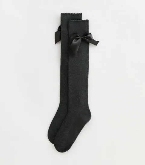Grey Cotton-Blend Knit Satin-Bow Knee-High Socks