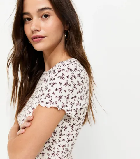 Women's Cream Cotton Rich Floral Ribbed Babylock T-Shirt