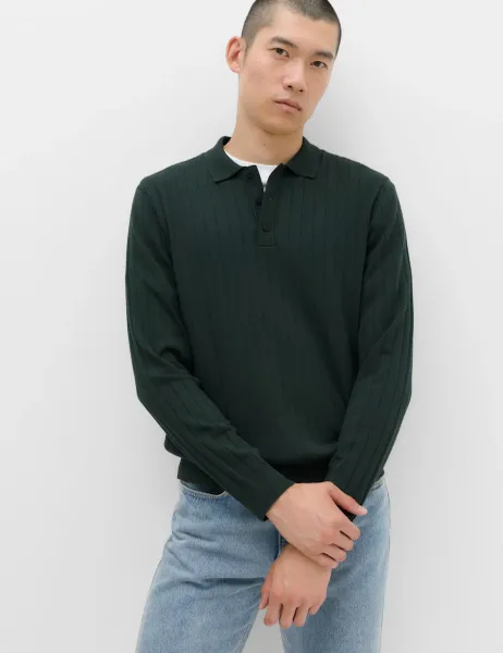 Marks & Spencer Cotton Blend Smart Rib Knit Polo Shirt Dark Evergreen