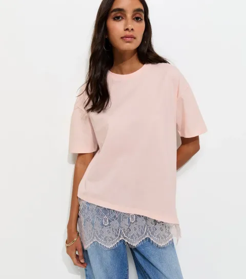 New Look Women's Pink Cotton Scalloped Lace T-Shirt