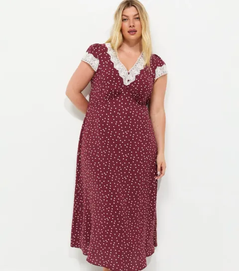 Women's Plus Size Red Spot Print Lace Trim Midi Dress Curves