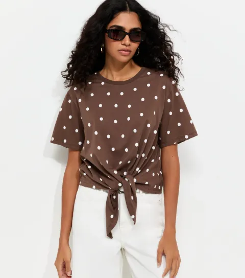 Women's Brown Cotton Spot Print Tie Front T-Shirt