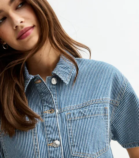 Women's Blue Striped Denim Boxy Shirt