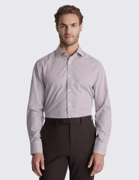 Moss Tailored Fit Non Iron Pure Cotton Striped Shirt Brown Mix