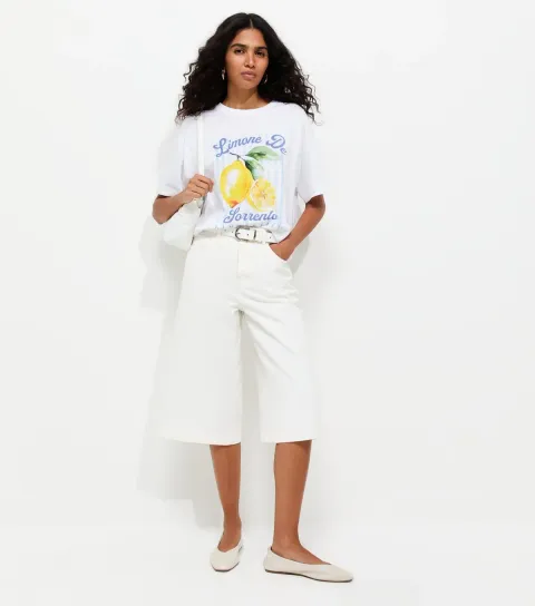 Women's White Lemon Print Oversized Print T-Shirt