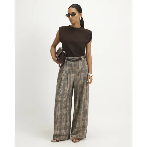 River Island Petite Belted Check Wide Leg Trousers
