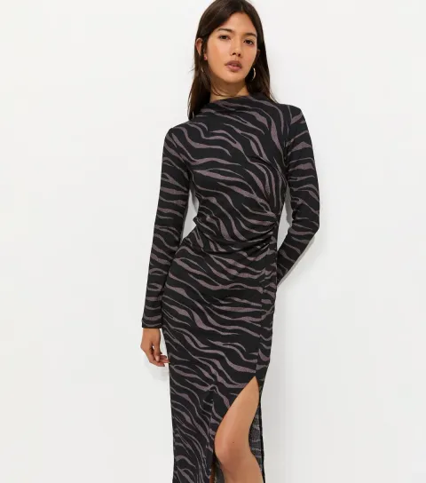 New Look Women's Black Crinkle Texture Zebra Print Ruched Long Sleeve Midi Dress