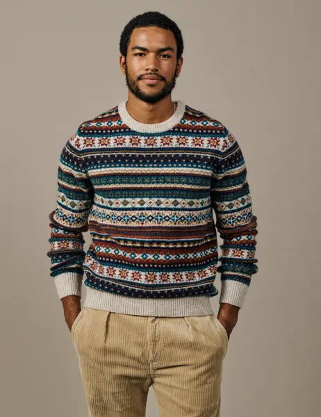 Aubin Pure Wool Fair Isle Crew Neck Jumper Navy