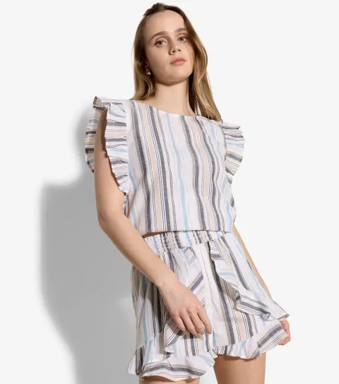 Women's Cream Striped Ruffled Shorts