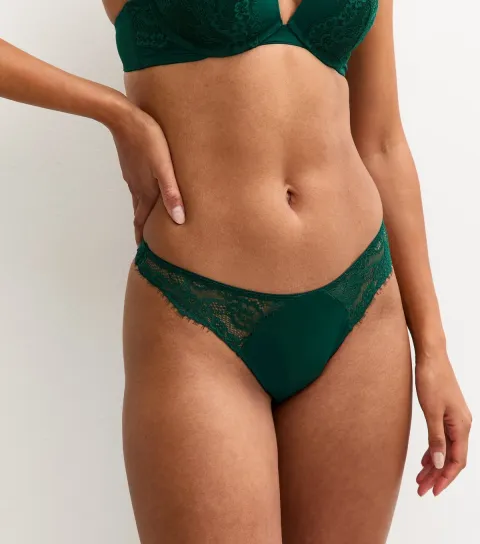 Women's Dark Green Eyelash Lace Trim Thong