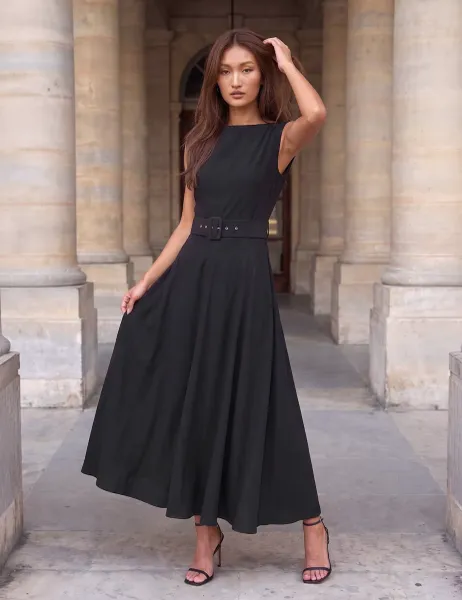Roman Belted Asymmetric Neck Knee Length Dress Black Mix
