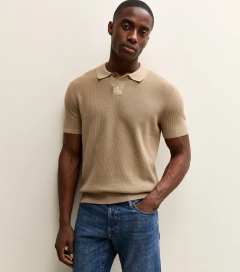 Men's Tan Regular Short Sleeve Textured Polo Top