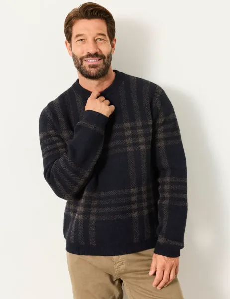 FatFace Checked Crew Neck Jumper Navy Mix