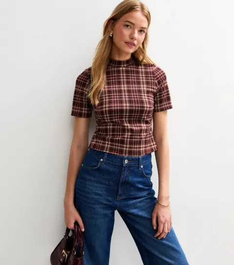 Women's Red Checked High Neck Top