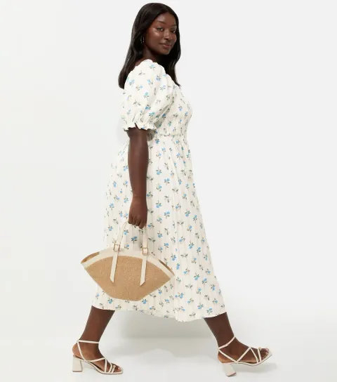 Women's Plus Size Cream Floral Pleated Compact Shirred Frill Midi Dress Curves