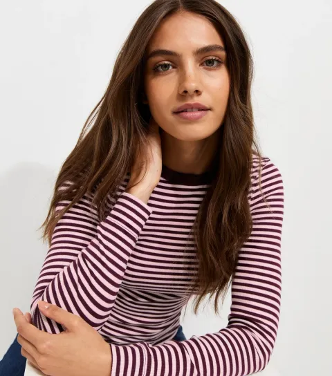 Women's Burgundy Cotton Rich Rib Striped Long Sleeve Top