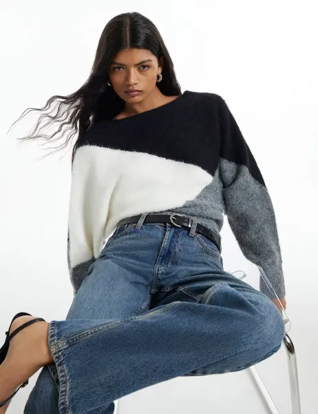 River Island Colour Block Slash Neck Batwing Sleeve Jumper Black Mix