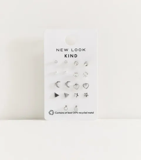 Pack of 9 Silver Tone Mixed Stud Earrings