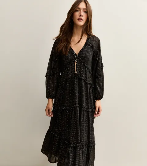Women's Black Gold Fleck Ruffle Trim Chiffon Midi Dress