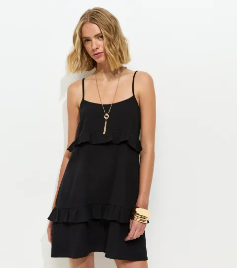 New Look Women's Black Crinkle Texture Ruffle Trim Mini Dress