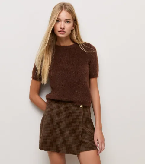 Women's Brown Gingham Wrap Mini Skort