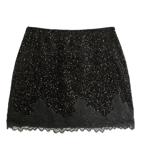 Women's Black Velvet Sequin Lace Trim Mini Skirt