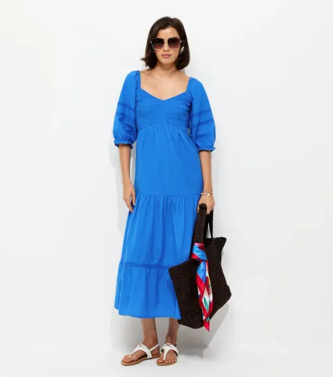 Women's Bright Blue Shirred Milkmaid Midi Dress