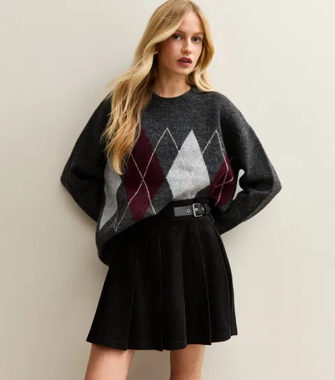 Women's Black Corduroy Pleated Buckle Mini Skirt