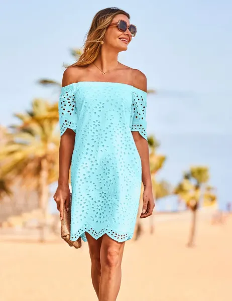 SOSANDAR Pure Cotton Broderie Bardot Mini Shift Dress Blue