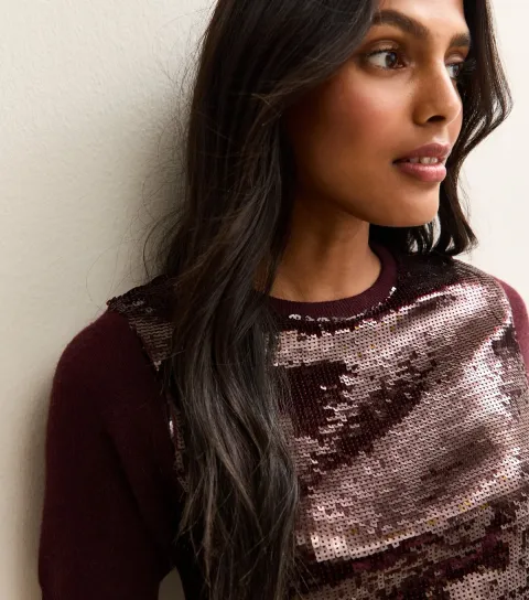 Women's Burgundy Sequin Embellished Top