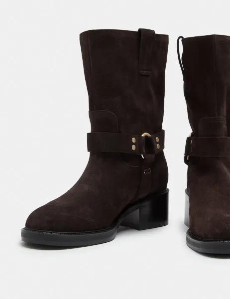 Marks & Spencer Suede Biker Block Heel Mid Calf Boots Brown