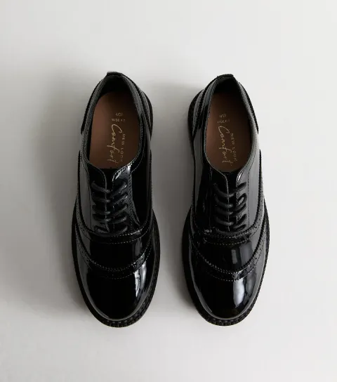 Women's Wide Fit Black Faux Patent Brogues Vegan