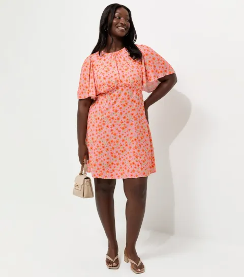 Women's Plus Size Orange Ditsy Pattern Flutter Sleeve Mini Dress Curves