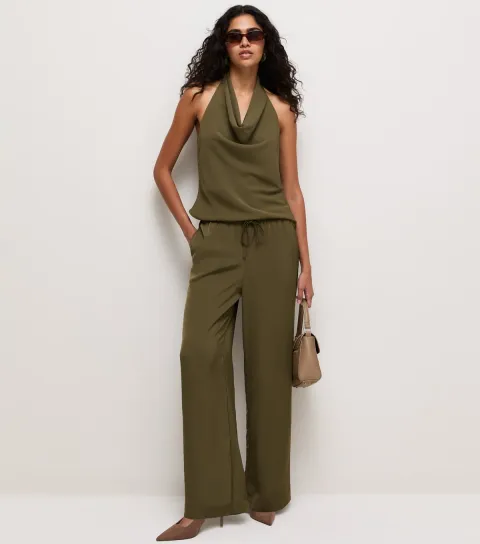 Women's Light Khaki Satin Wide Leg Trousers