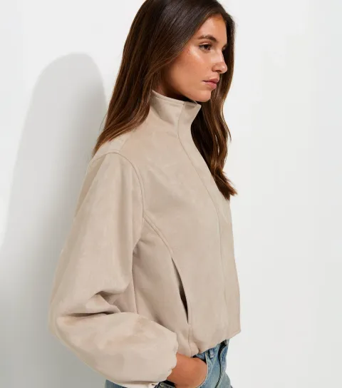 Women's Stone Faux Suede Bubble Hem Jacket