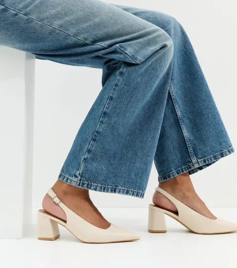 Women's Wide Fit Off White Block Lizard Effect Slingback Court Shoes Vegan