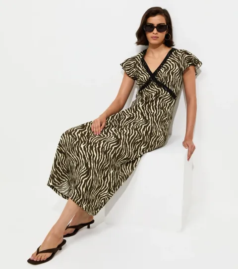 Women's Brown Zebra Print Flutter Sleeve Midi Dress