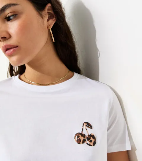 Women's White Cotton Leopard Print Cherry T-Shirt