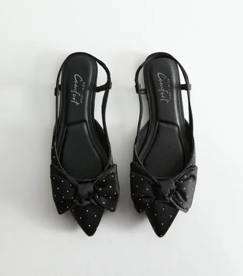 New Look Women's Black Satin Embellished Bow Slingback Flats Vegan