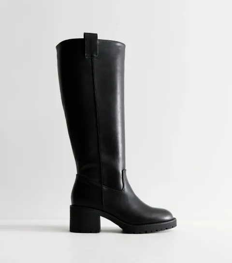 New Look Women's Wide Fit Black Faux Leather Cleated Heel Knee High Boots Vegan
