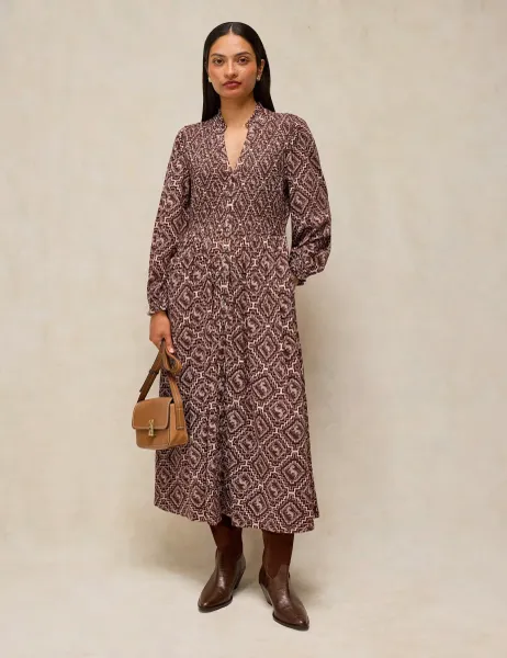 White Stuff Ada Cotton Blend Shirred Notch Neck Midi Dress Brown Mix