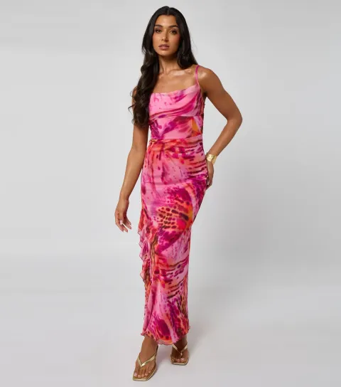 Women's Pink Floral Print Ruffle Trim Maxi Dress