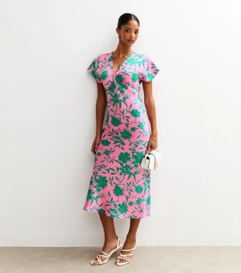 Women's Pink Floral Print Satin V-Neck Midi Dress