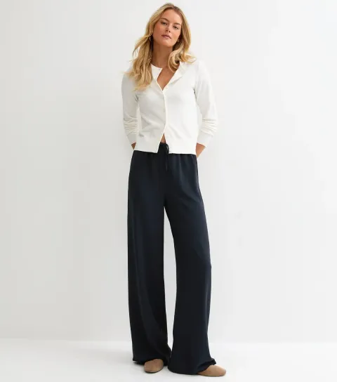 Women's Tall Navy Drawstring Waist Wide Leg Trousers